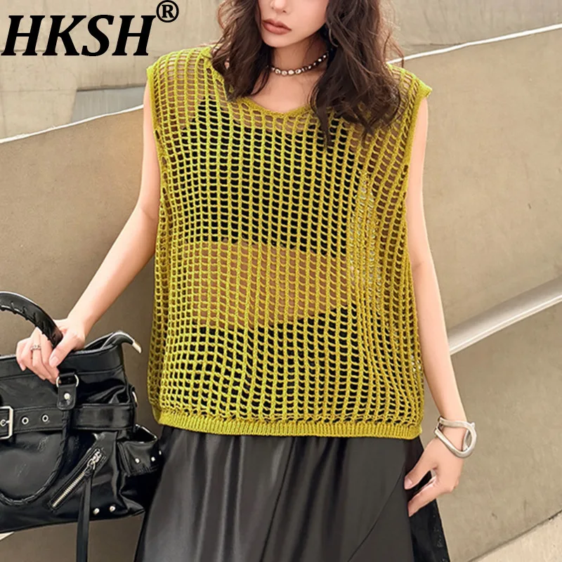

Женский вязаный жилет HKSH с V-образным вырезом, однотонный, универсальный, в уличном стиле, повседневный, оверсайз, топ-майка, новинка лета 2026 HK21736
