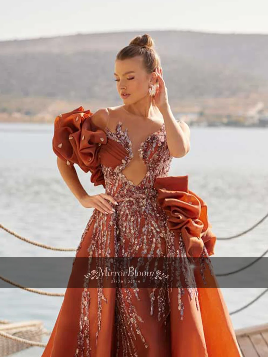 

Orange Beaded Sequin Ball Gown Floor Length Evening Dresses One Shoulder Ruffle Formal Gown Prom Wedding Party DressCustomized