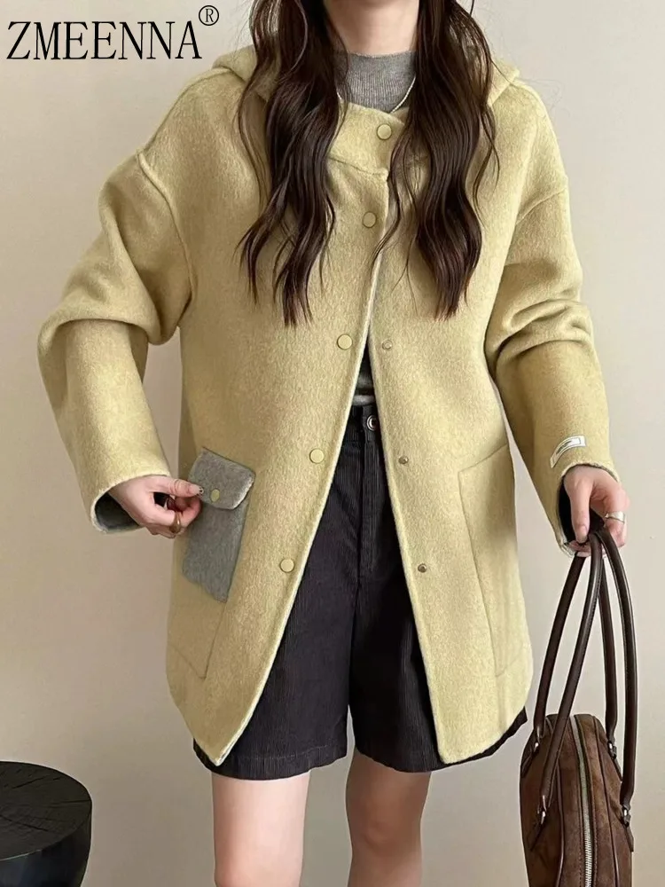 

ZMEENNA Women's Wool Blend Hooded Coat With Pockets Long Sleeve Button Down Jacket Casual Loose Fit Outerwear Warm ZM3969