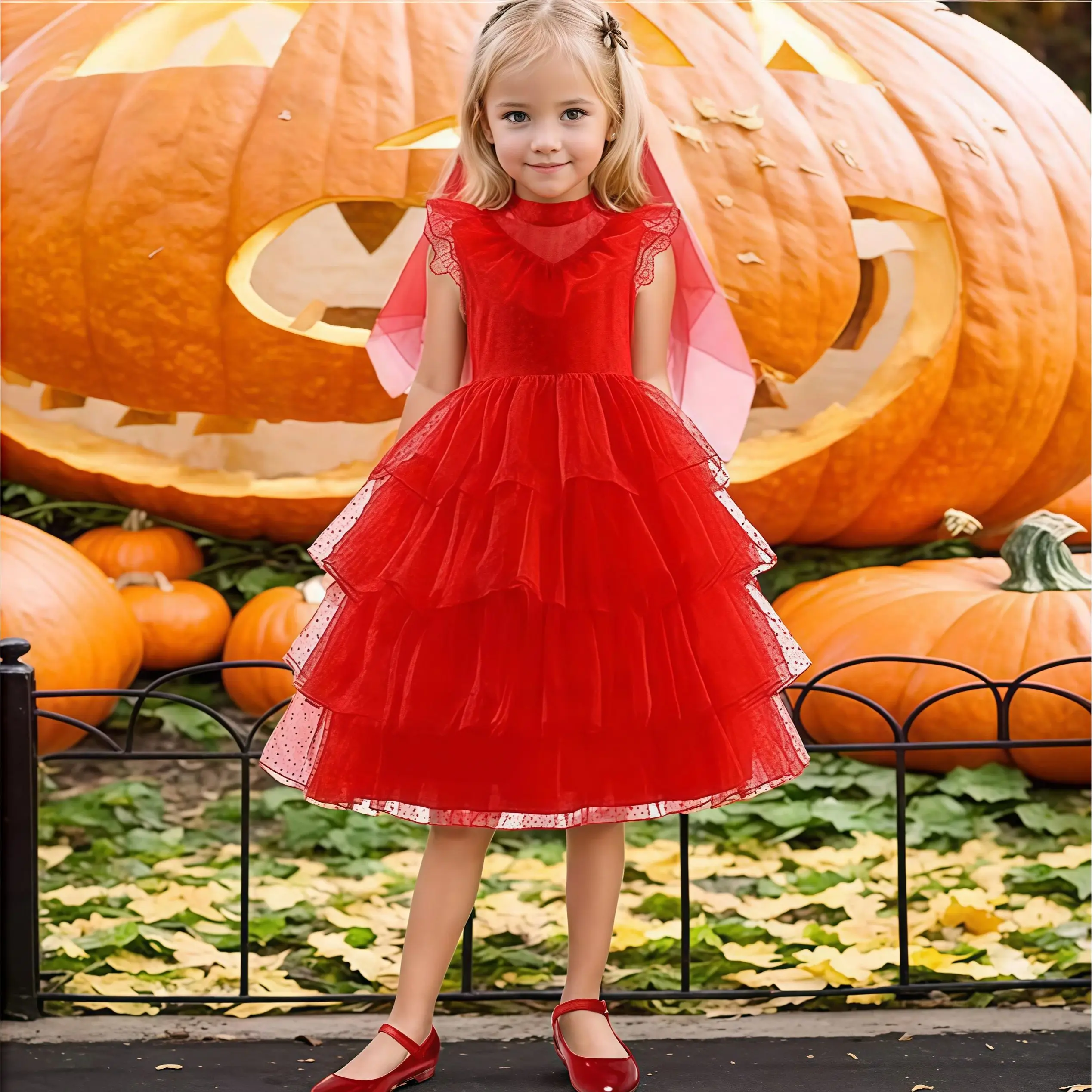 

Horror Movie Lydia Cosplay Costume For Girls Ghost Bride Red Wedding Dress For Kids Halloween Carnival Party Dress Up Outfit