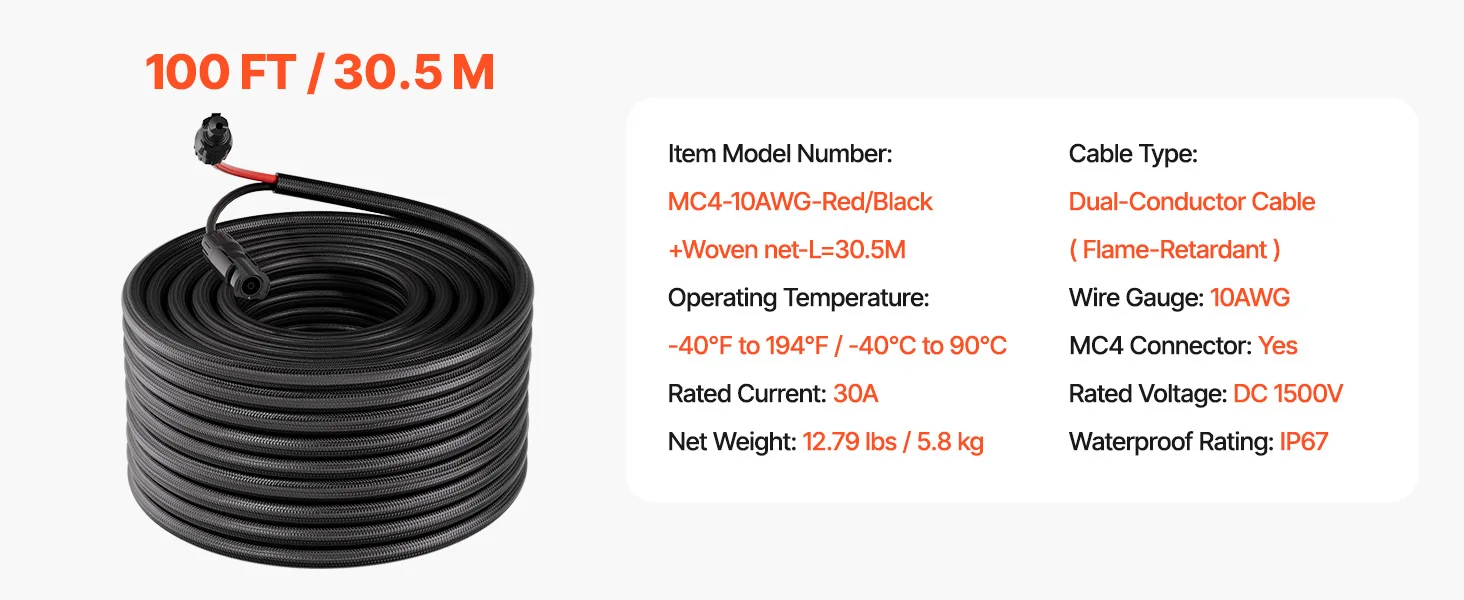 SucceBuy 30FT/50FT/100FT Solar Panel Extension Cable with Flame Retardant Protective Sleeving Female and Male Connectors for RV