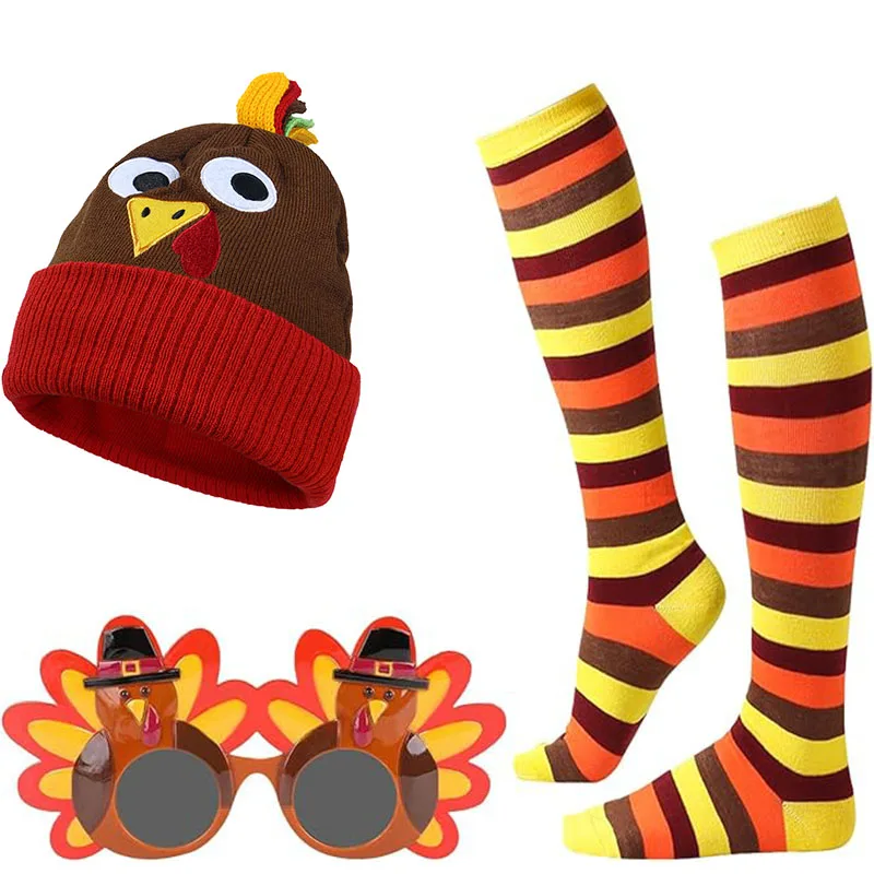 3 stks Thanksgiving Turkije Kostuum Set Turkije Trot Kostuums Accessoires Met Sokken Hoeden Bril Meisje Vrouwen Mannen Halloween Cosplay