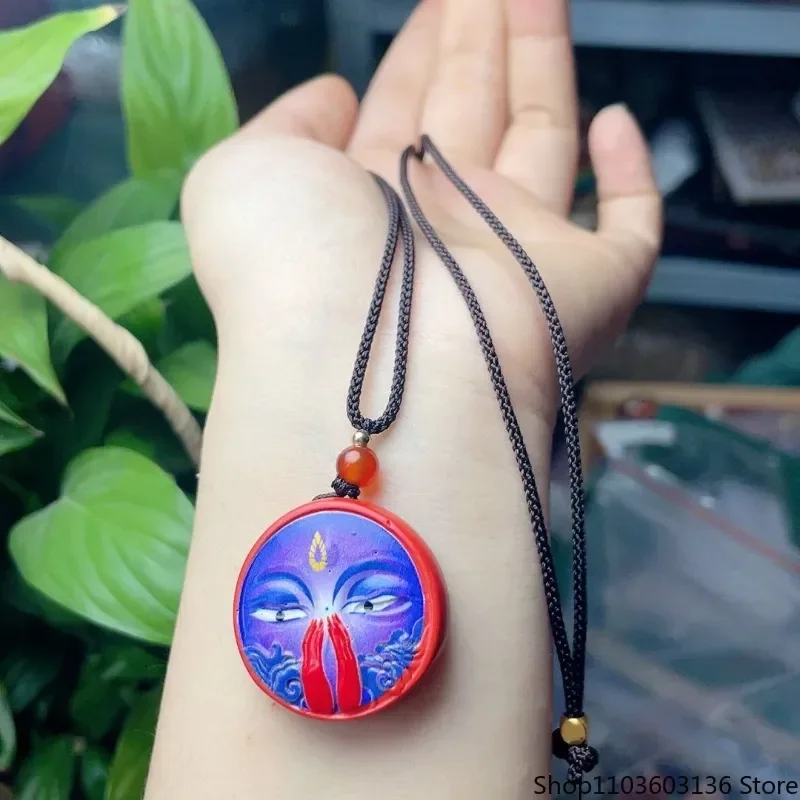 Natural Cinnabar Pendant Amulet Pendant Red Sand Double-sided Painted Six Words of Truth Pendant Men and Women Necklaces