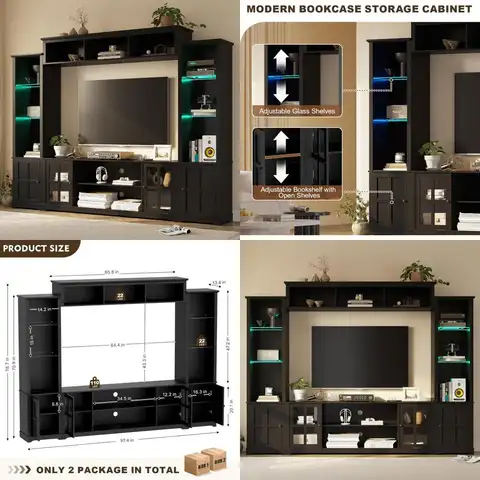 Mobile TV da parete con contenitore e luci a LED, ampio centro di intrattenimento con librerie per TV fino a 75", console multimediale per L