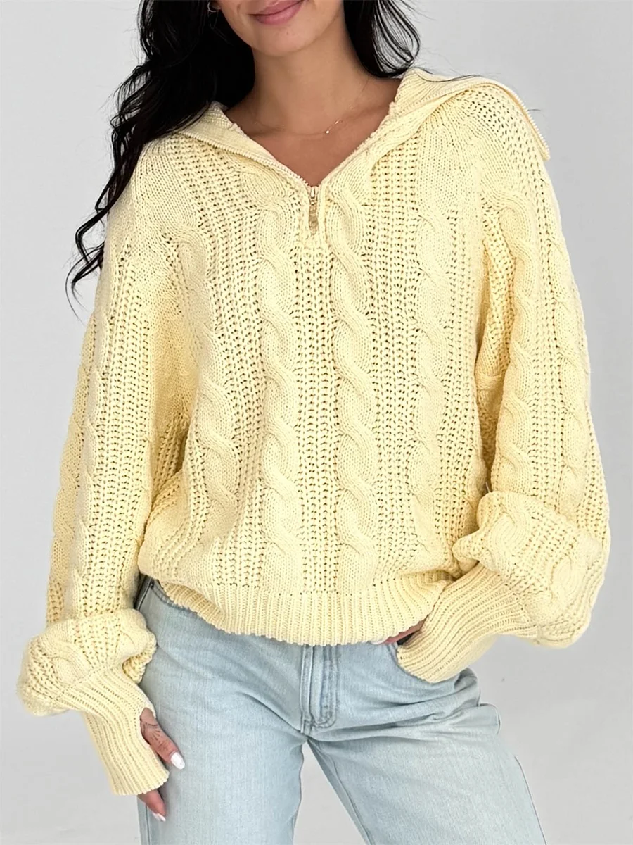 Women s Autumn Zip Up Sweater Long Sleeve Lapel Solid Color Knit Cable Knitwear