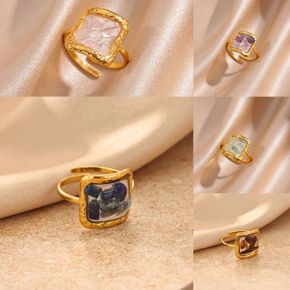 Boho Natural Gravel Stone Rings Women Stainless Steel Gold Color Textured Square Resin Enamel Adjustable Ring Aesthetic Jewelry