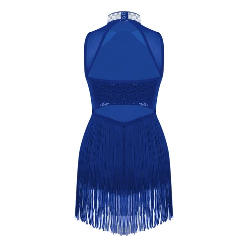 Imagen 2 del producto Vestido de baile de Ballet de Jazz con diamantes de imitación brillantes para niñas, cuello decorado, lentejuelas, malla, dobladillo de borla, leotardos de baile, vestido de actuación de baile