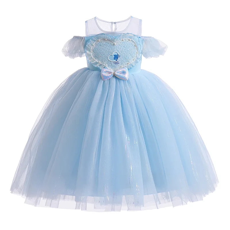 Blue Elegant Princess Dress Frozen Elsa Costume Girls Summer Short Sleeve Dress Little Girl Birthday Love Ball Gown Casual Cloth