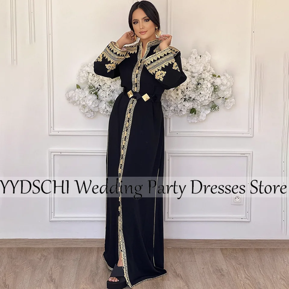 Abaya à col montant perlé doré personnalisé pour femme, caftan moyen, manches longues avec ceinture, fête de mariage, Dubaï, marocain, 2024