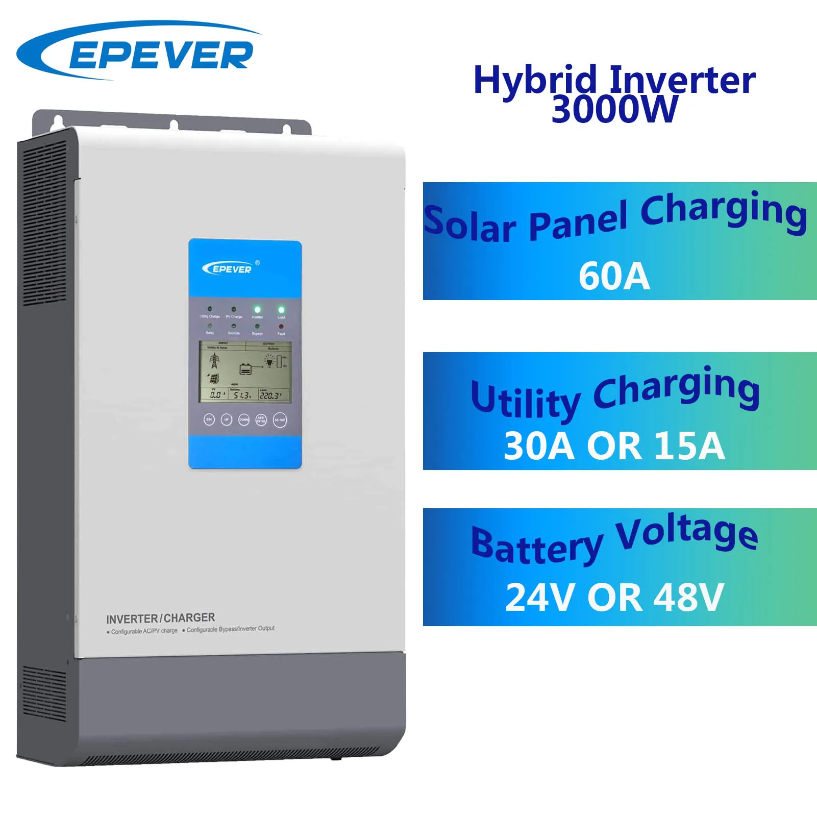 EPEVER 3000W Hybrid Inverter/Charger MPPT Combined with 60A Solar Charge Controller 24V 48V AC/DC Charger in One Unit