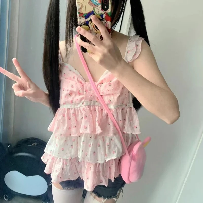 Contrast Strawberry Print Ropa Mujer Summer New Halter Women's Tanks Sweet Cute Tops Ruffles Cake Top Kawaii Lolita Clothes