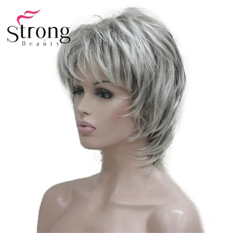 StrongBeauty Short Soft Shaggy Layered Silver Mix Classic Cap Full Synthetic Wig Women\'s Wigs Blonde COLOUR CHOICES