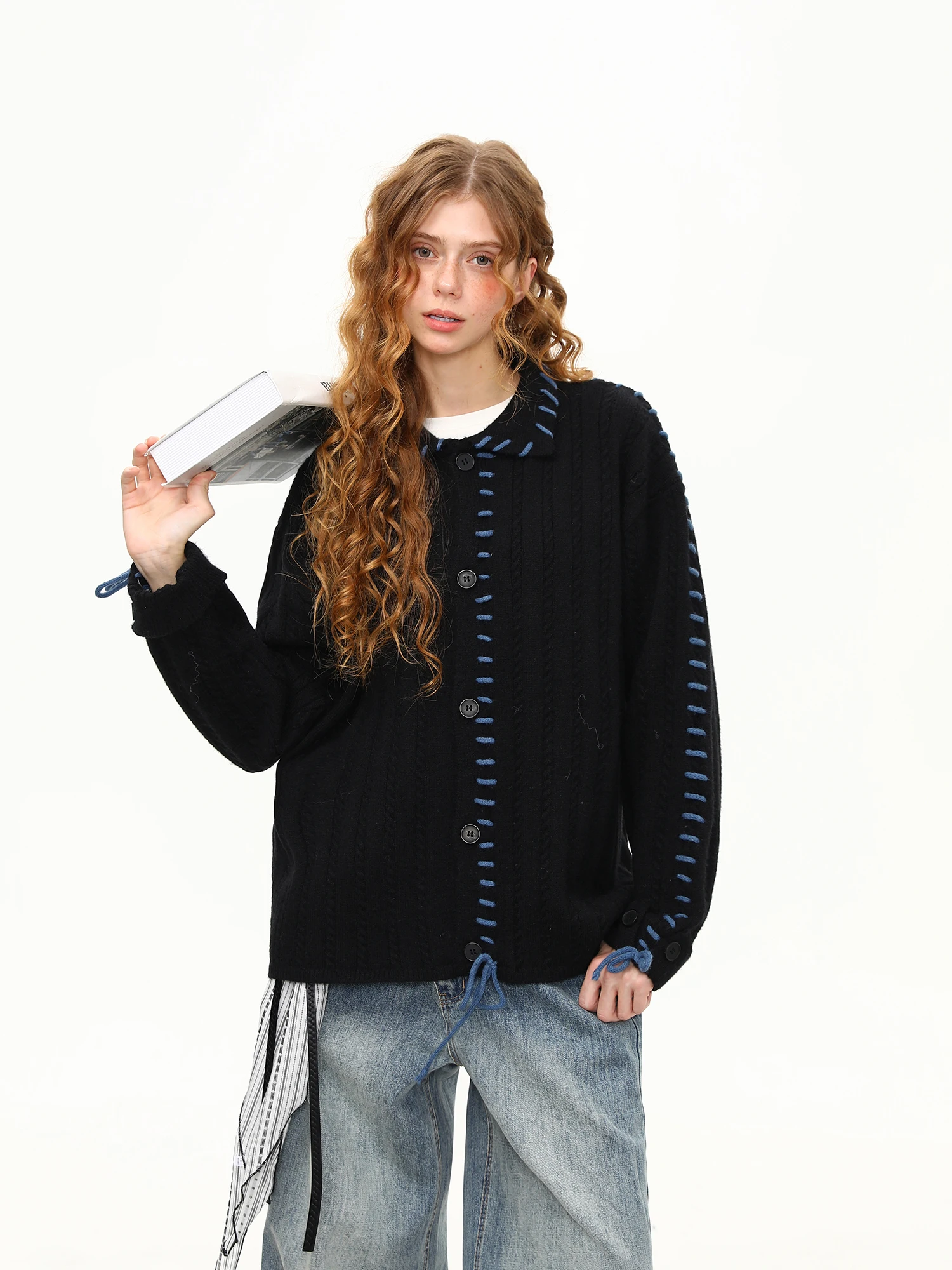 

Вязаный свитер Wild Azi ручной работы для женщин: свободный, универсальный, осенне-зимний, уличный стиль, с длинным рукавом, круглым вырезом, термотоп