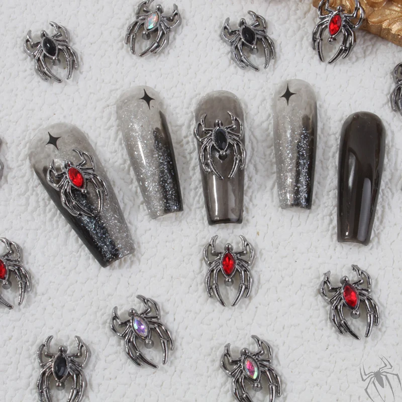 10PCS Luxury Alloy 3D Spider Nail Art Charms Rhinestones Jewelry Accessory Parts For Halloween Nail Decoration Manicure Supplies