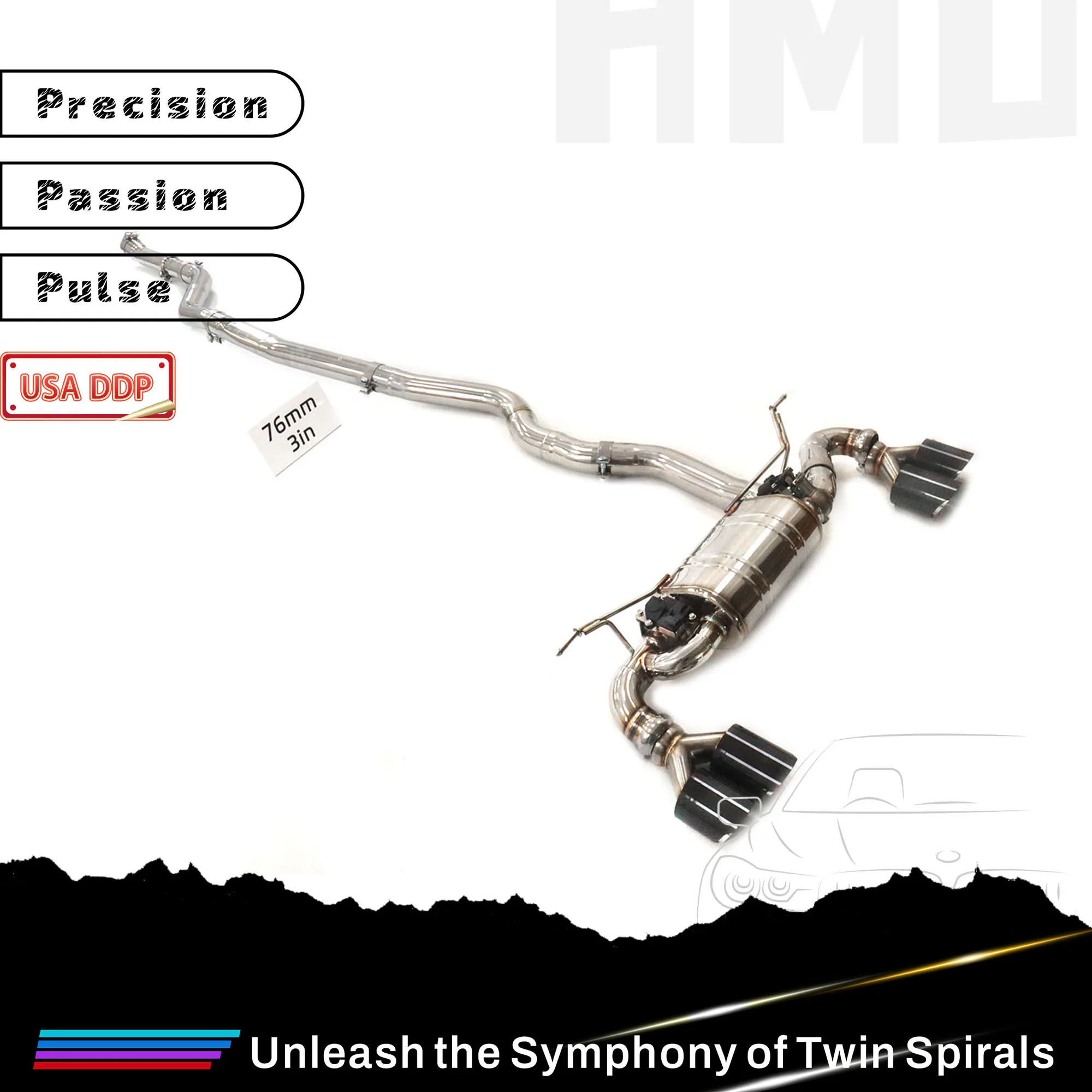 

HMD Hot Sales SS304 Catback for BMW 340i F30 Electronic Valves Exhaust Bright Surface 3inch Pipe With Tips Lossless Installation