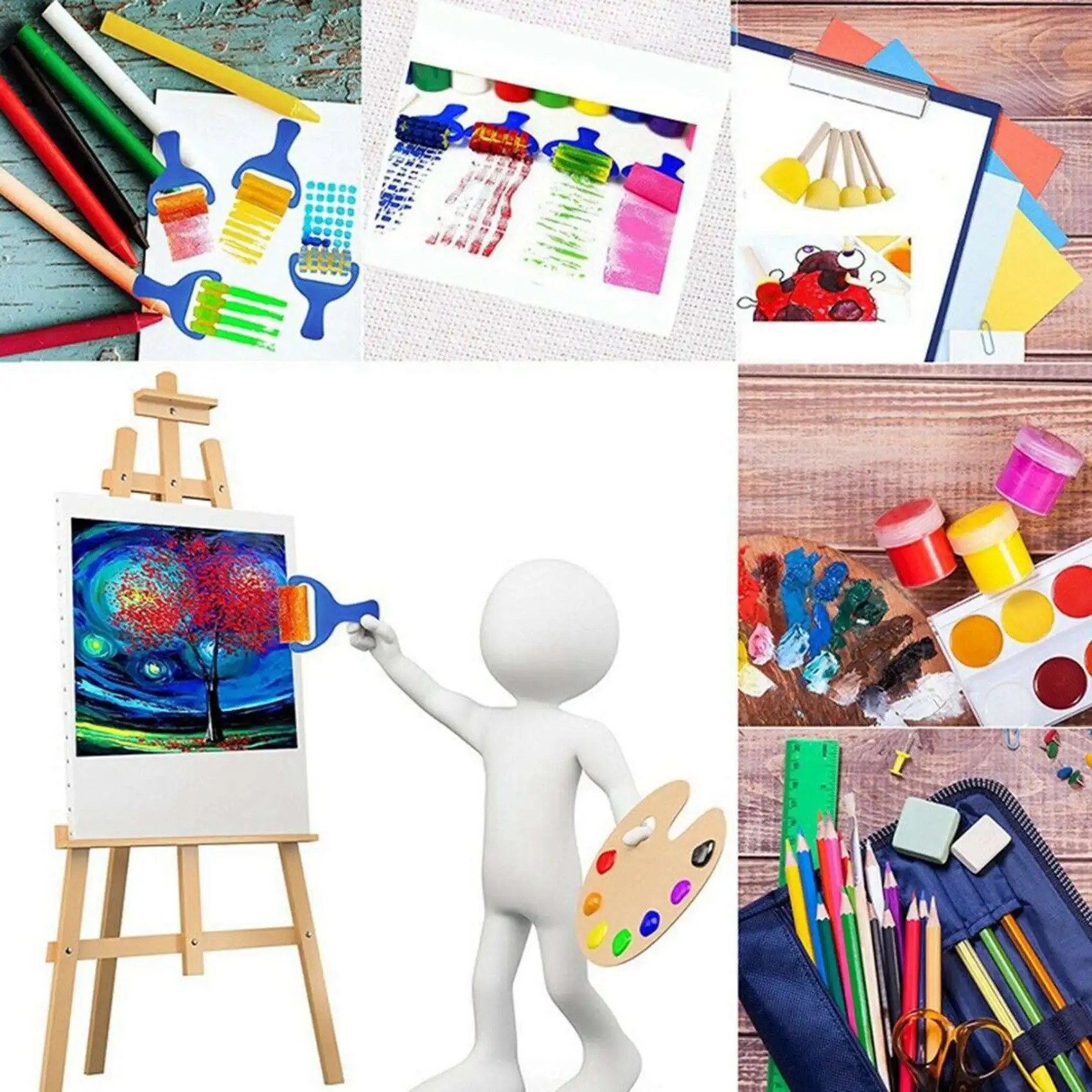 AS96-حزمة مكونة من قطعتين من مآزر الرسم الفنية للأطفال المقاومة للماء ومجموعة فرش الرسم الإسفنجية للأطفال مكونة من 47 قطعة