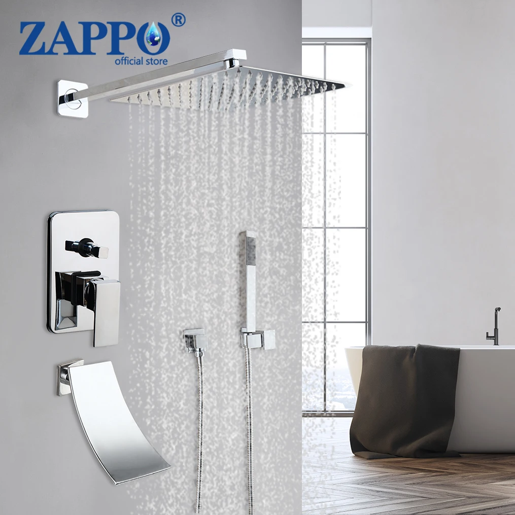 

ZAPPO Bathroom LED Rainfall Shower Faucet Set Chrome Concealed Bathroom Shower System Waterfall Bathtub Spout Hot Cold Water Tap