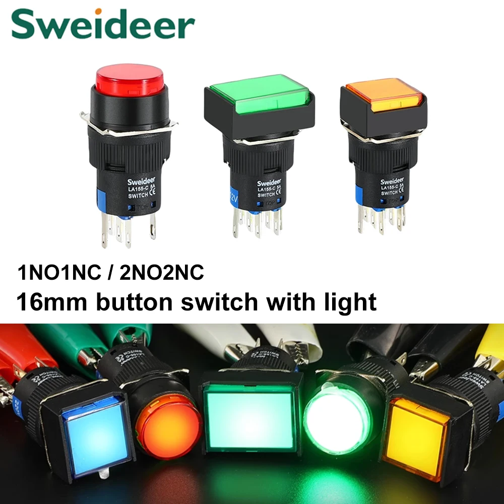 16mm Push Button Switch LED Illuminuted 12/24/220V Momentary Self-locking on Off with Light Square Round Rectangle Power Switch