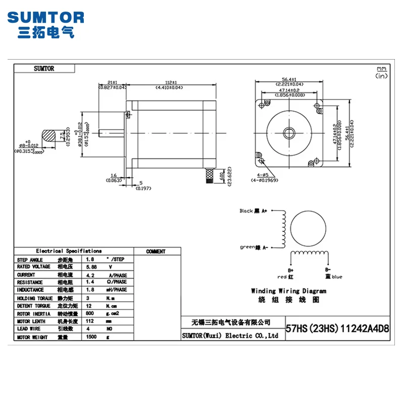Stepper Motor Nema 23 High Torque 3NM 425oz 57HS11242A4D8EP SUMTOR Stepper Motor Nema23