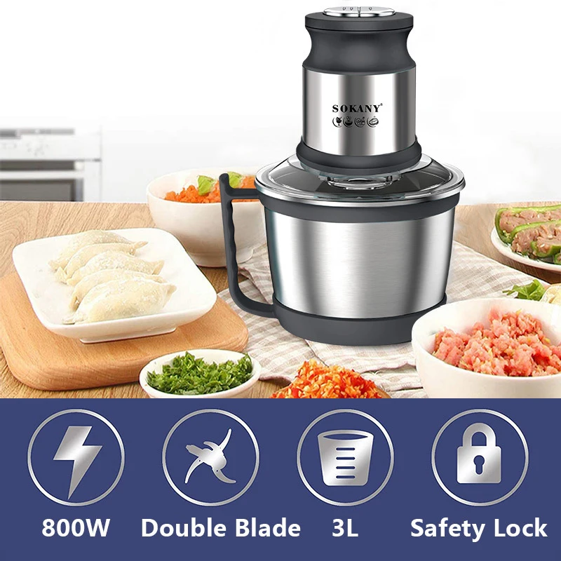 مفرمة لحم كهربائية متعددة الوظائف من الفولاذ المقاوم للصدأ سعة 3 لتر، محضر طعام تكميلي كهربائي بقدرة 800 وات