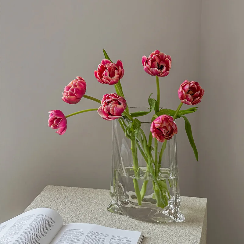 Ins Style Pleated Bag Shape Glass Vase Luxury Clear Hydroponic Flower Vase Large Living Room Decor Ornament