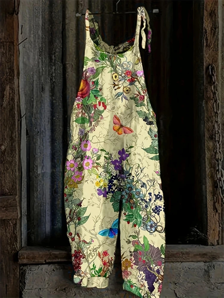 

Summer Floral Print Women's Back Pants Adjustable Suspender Jumpsuit Daily Casual Women's Loose Leg Pants Streetwear