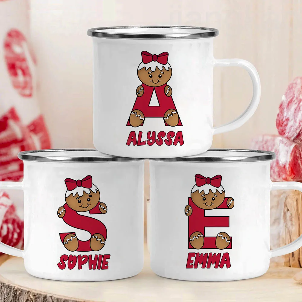 Personlized Cookie Initial with Name Christmas Cup Hot Cocoa Chocolate Mug Drink Jiuce Cups Enamel Mugs Best Xmas Gift for Kids