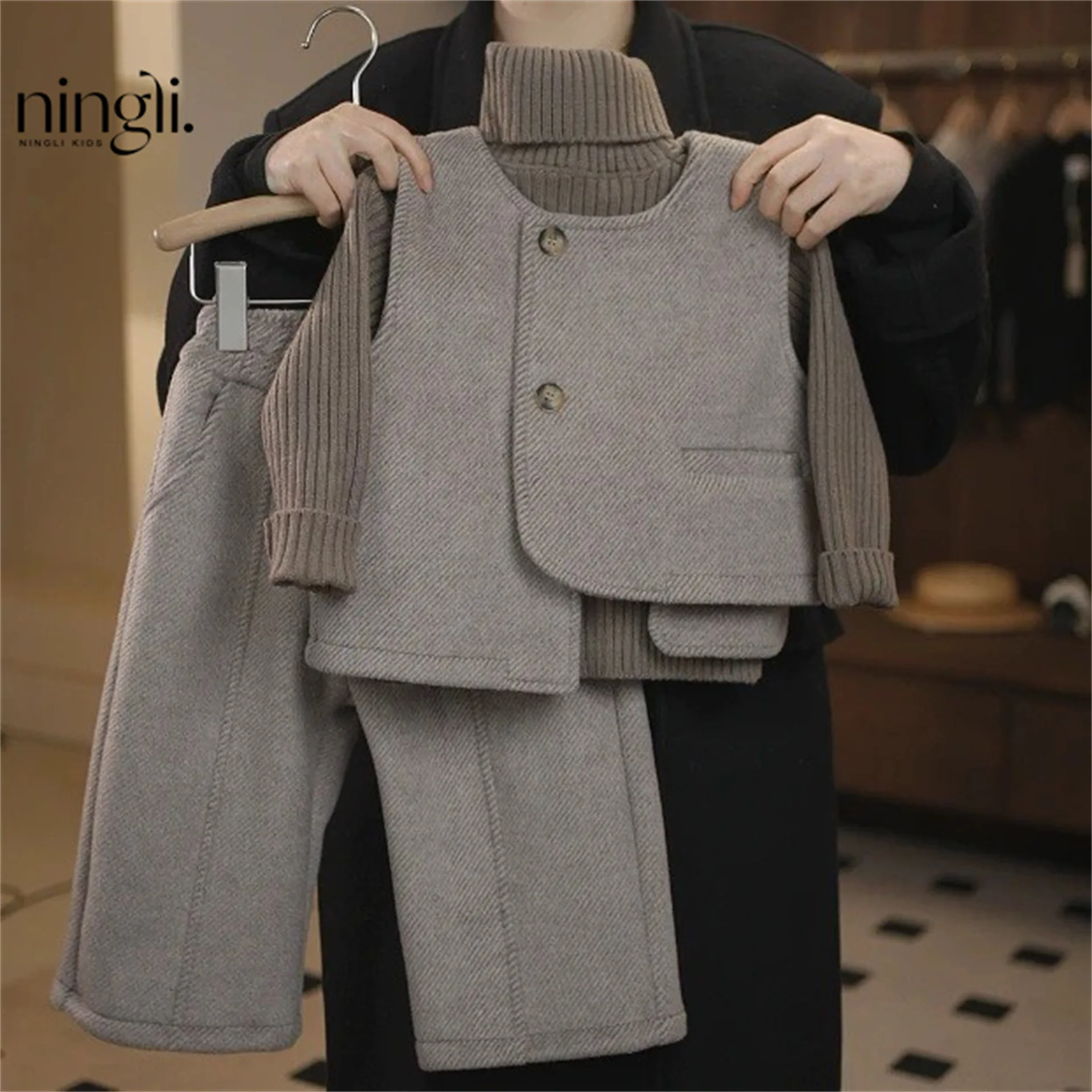 Children's Suit Winter Solid Color Casual Fashion Neutral Foreign Style Woolen Warm Thickened Suit Three-piece Set