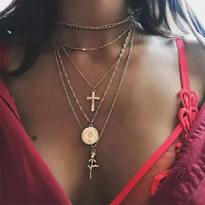 New INS Style Round Shape Pendant Neck Chain Geometry Multi Layer Necklace For Women Trendy Jewelry Party Gifts