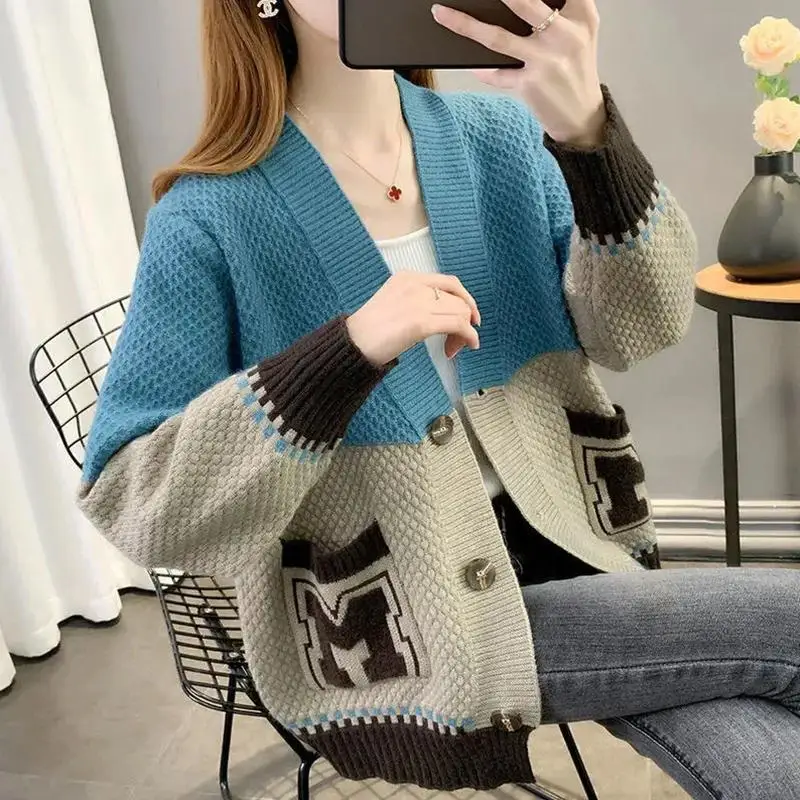 Spring Autumn New Women Clothing Korean Loose Cardigan Long Sleeve All-match Contrast Pockets Vintage Sweaters Casual Fashion