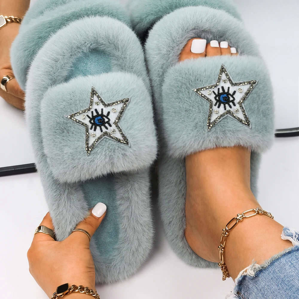 Fur Slippers Women Designer Furry Slides Ladies Flip Flops Pentagram Decor Faux Fur Sandals House Slippers Luxury Brand Shoes