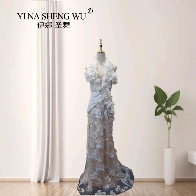 New Arrival White Three-Dimensional Embroidered Flower Sexy Low-Cut Halter Fake Two-Piece Dress Haute Couture Evening Wedding view 3