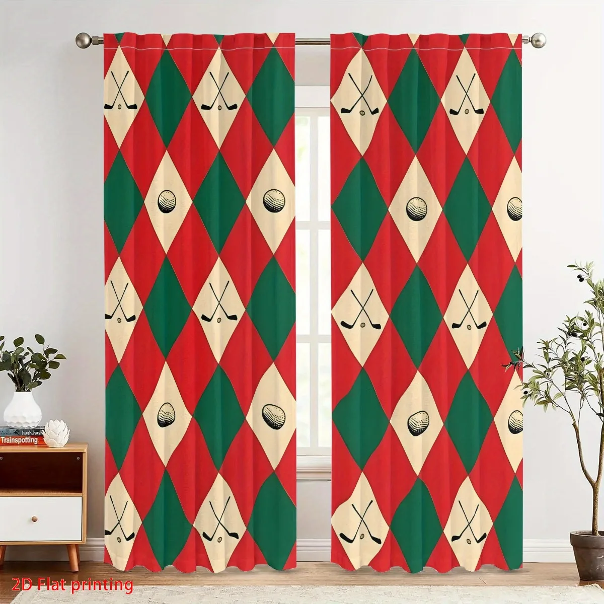 Decorative Red Green Geometric Diamond Pattern Curtains Pair Window Curtains Set for Home Decoration Living Room Drapes Trendy H