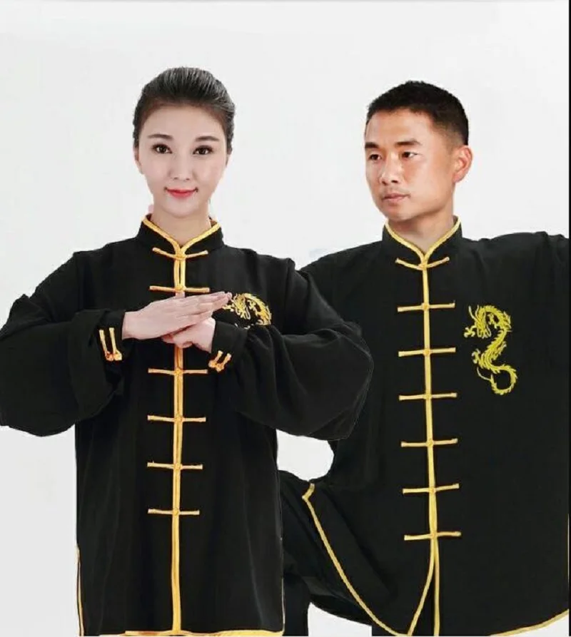 Wholesale New Chinese Men Women Kung Fu Suits Embroidered Golden Dragon Long Sleeve Tai Chi Martial Art Uniform Clothing Set