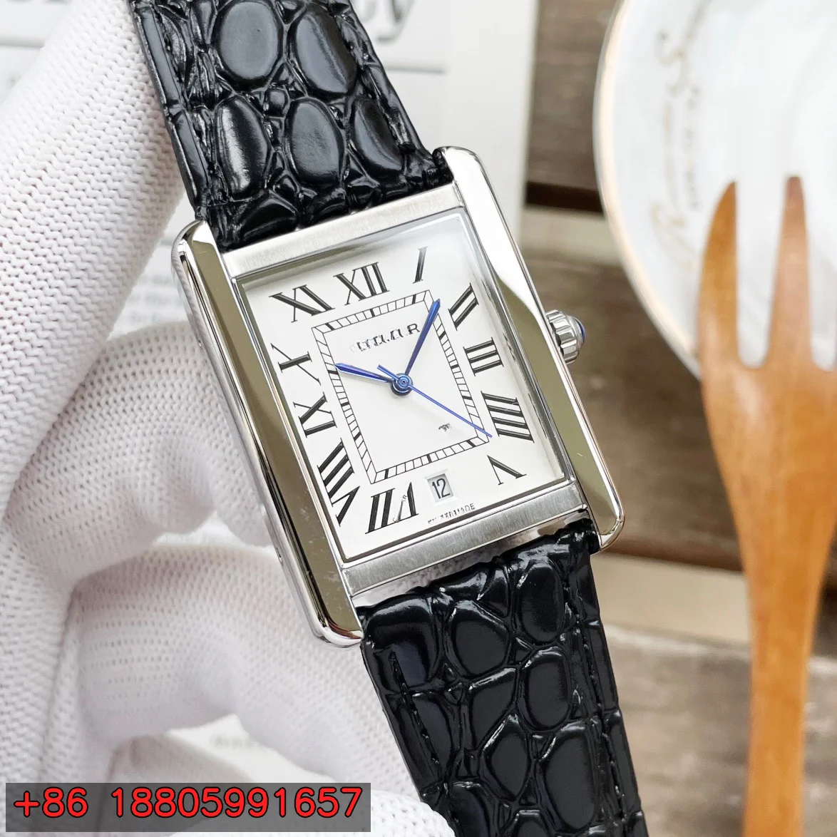 

Men's Rectangular Automatic Self-Wind Mechanical Watch 31x41mm Stainless Steel Case Leather Strap Sapphire Crystal Roman Numeral Date Dress Wristwatch