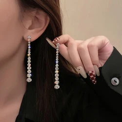 Huitan Shinning Long Pendant Earrings for Women Luxury Bright Round Zirconia Jewelry for Engagement Bridal Wedding Accessories