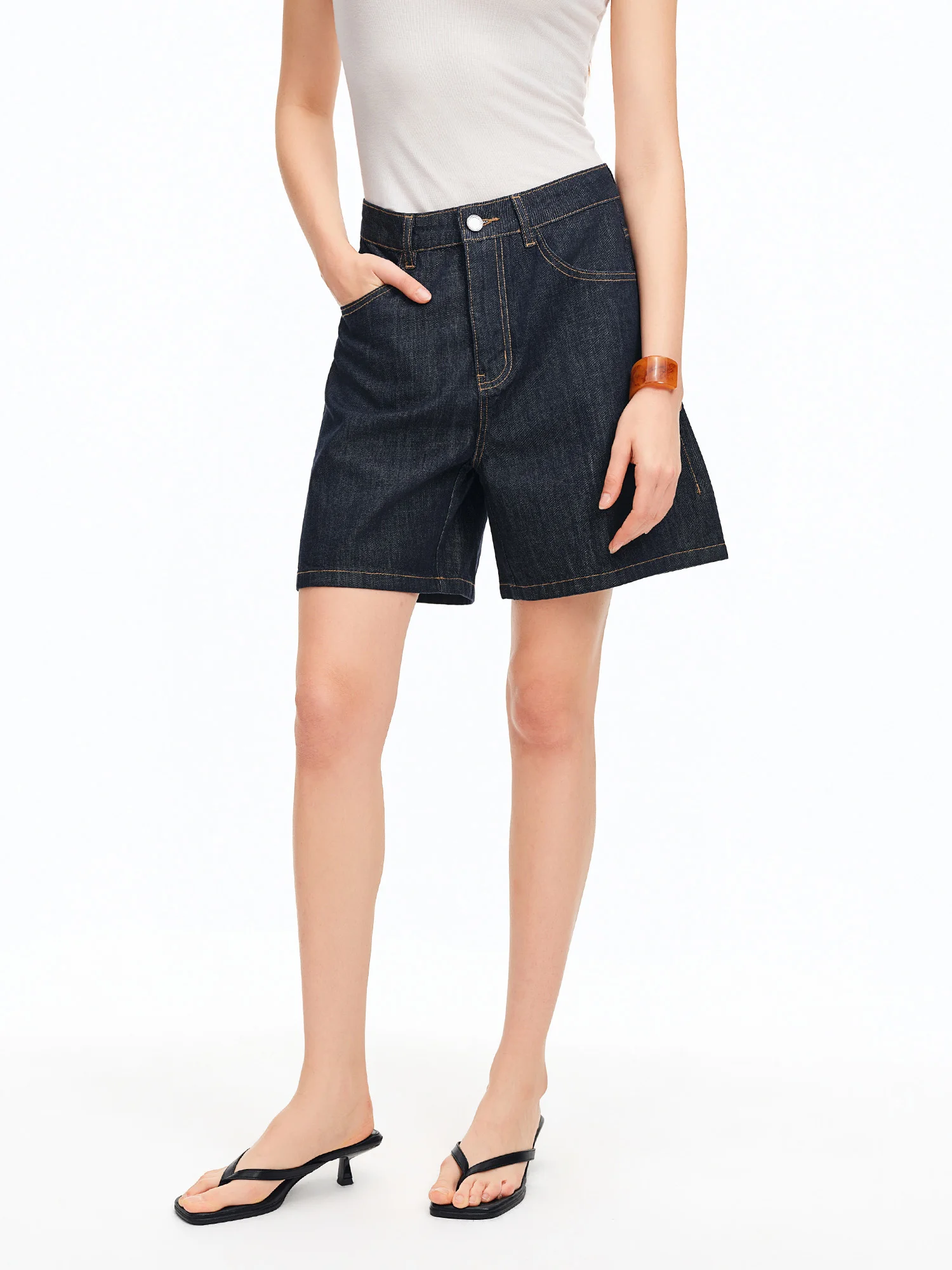 DUSHU 2026 Summer Women‘s Hemp Blend High Waist Denim ShortsRaw Hem Casual Bermuda Shorts Office Commute Vintage Versatile Style