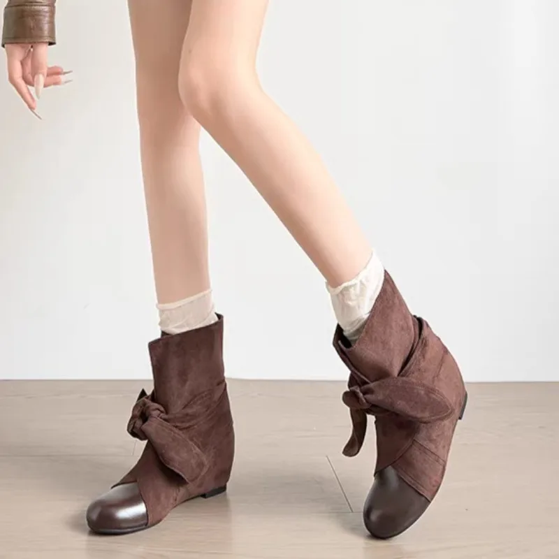 2026 Fall New Inside Heightened Paneled Vintage Binding Niche Bow Design Booties