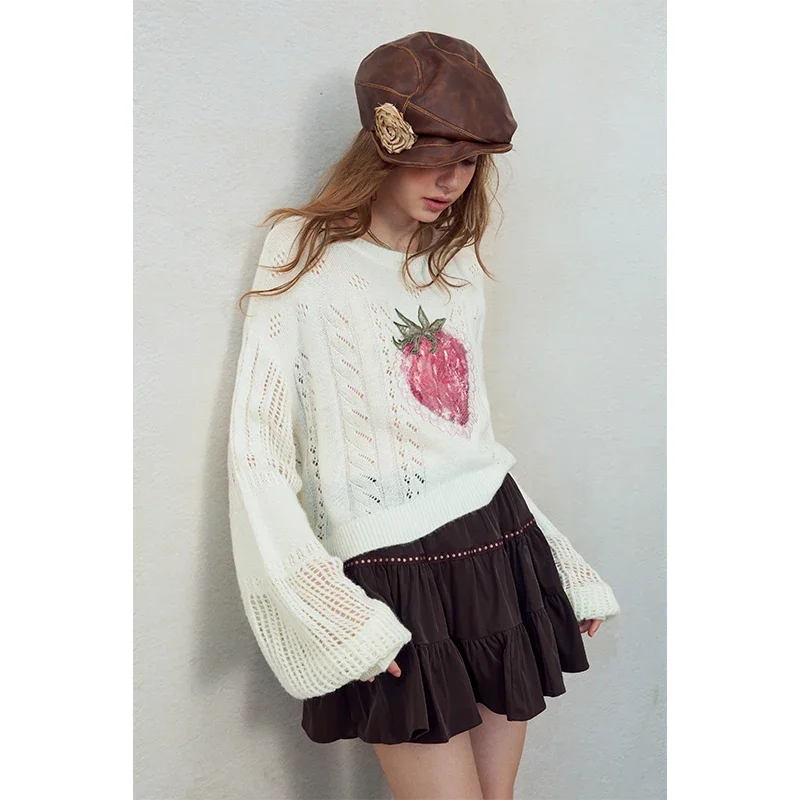 ELFSACK Women's Cute Cropped Knit Sweater with Strawberry Embroidery Hollow‑Out Knitwork, Loose Long Sleeve Pullover for Daily