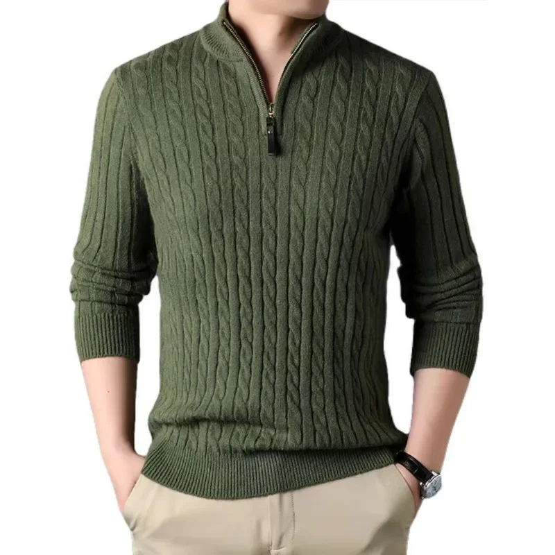 Suéter de cuello alto de punto para hombre, suéter con cremallera de cuarto, ajustado, informal, Invierno