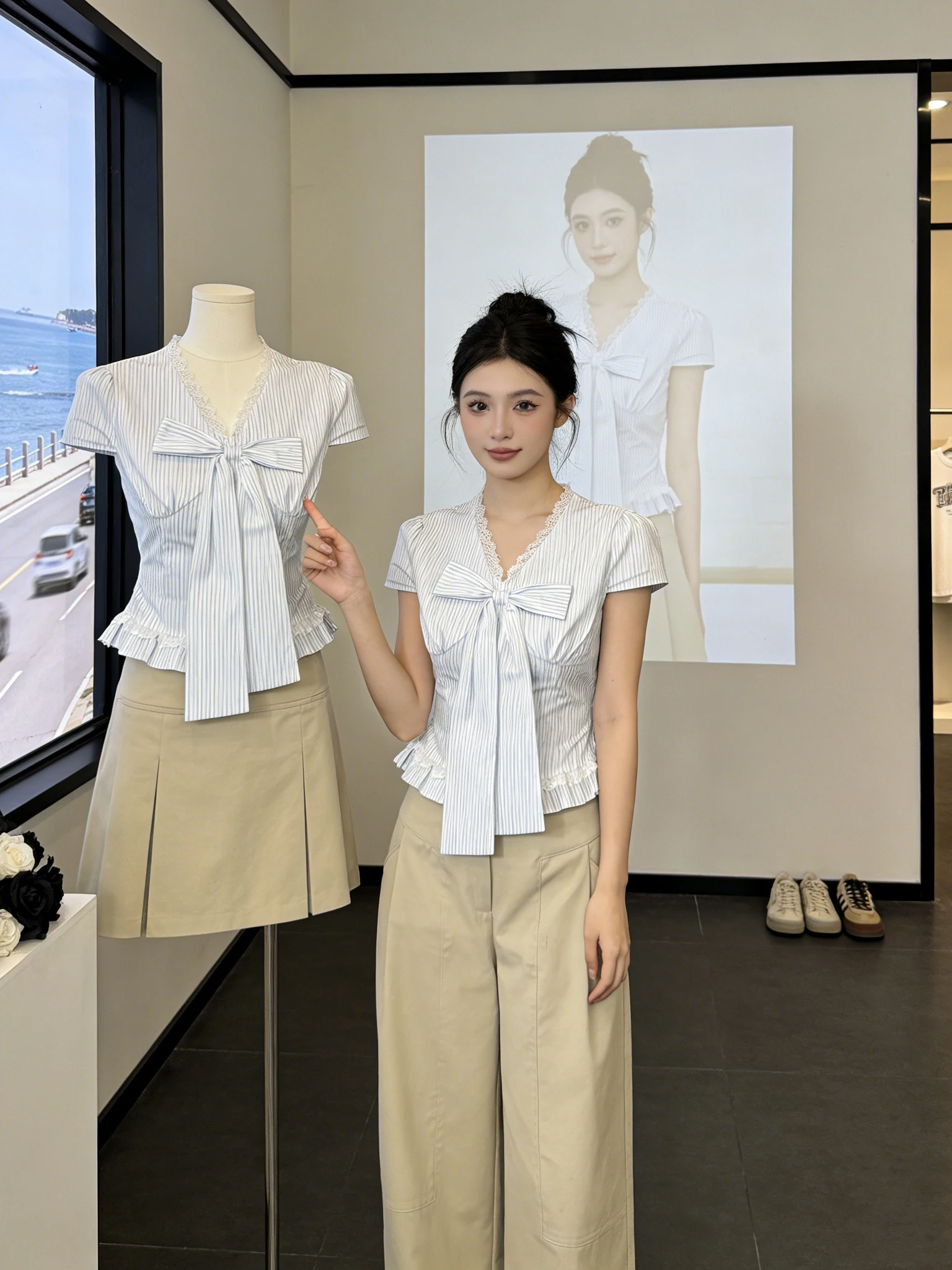 

Elegant Short Sleeve V-Neck Striped Shirt Women's Lace Trim Knot Summer New Korean Style Breathable Comfortable Top