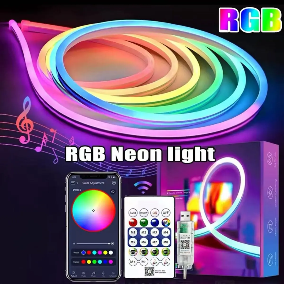 【Like】  DC5V RGBIC LED Strip Lights Neon Rope Light with Music Sync DIY RGB Atmosphere Light Strip Tape for Home Decor 3 Meter