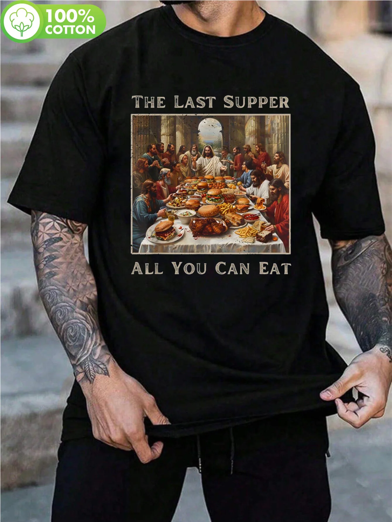 

Men's 100% Cotton Crew Neck T-Shirt - "The Last Supper All You Can Eat" Humorous Graphic Print, Black Casual Summer Tee, Machine