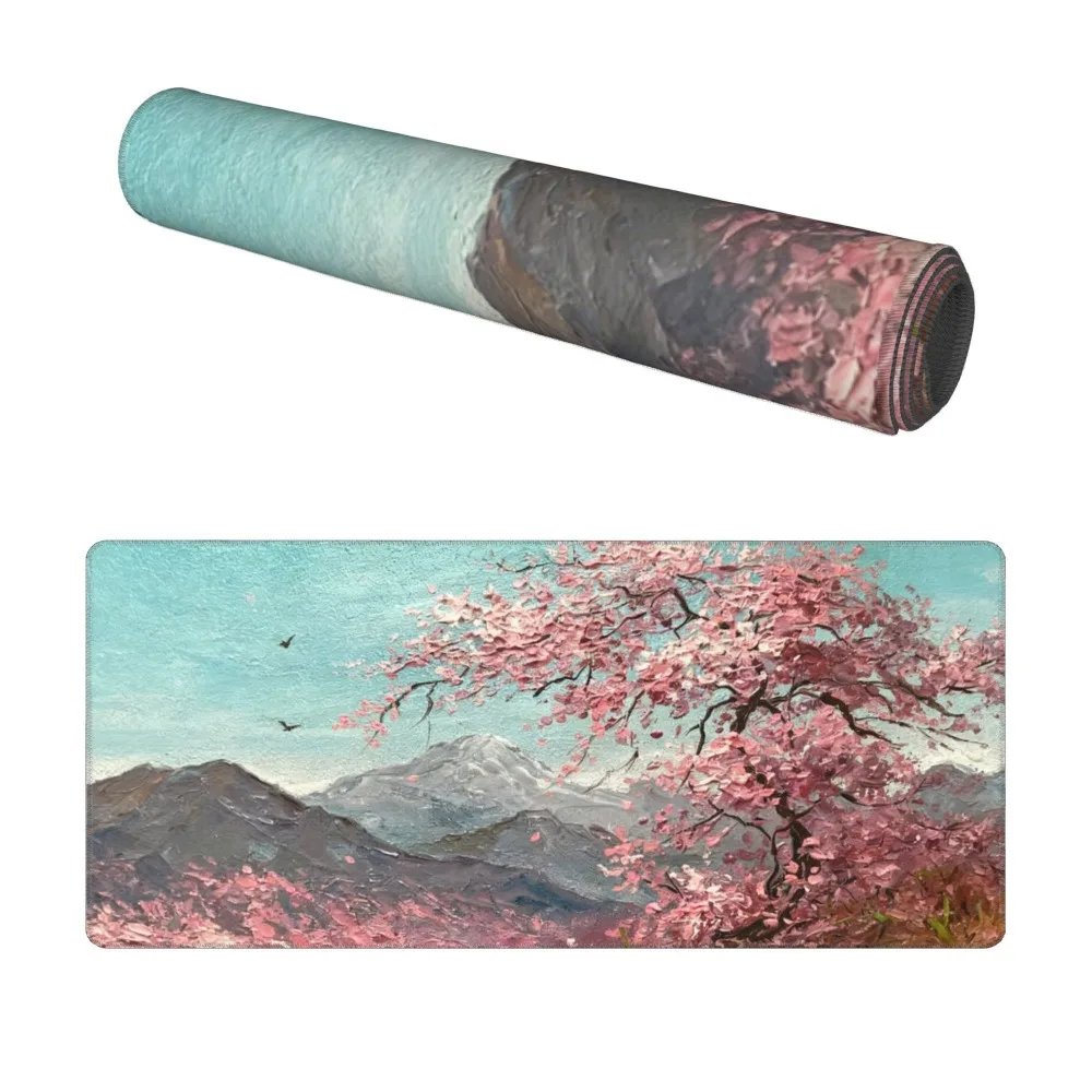 Minimalist Sakura Tree Desk Mat, Extra Large Nature Mountain Mouse Pad, Non-Slip Waterproof Keyboard Mat for Desk Decor