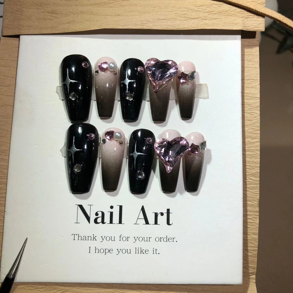 Black Pink 10pcs/set Handmade Wearable Nail Pink Ink Fake Nails Spice Girls Dazzle Cool Style Nail Patch Wearable Nail Removable