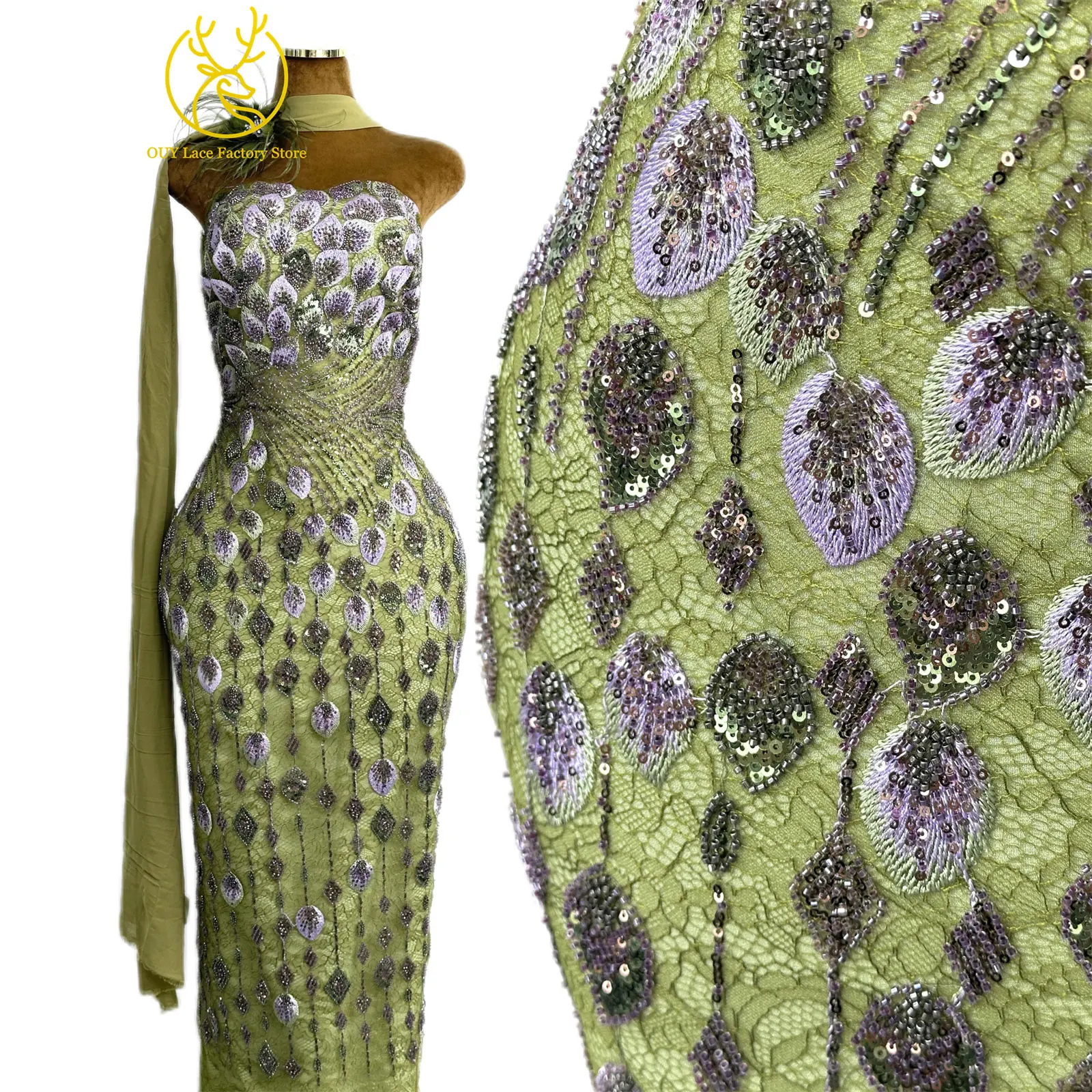 Nigerianischer Spitzenstoff im neuen Stil mit 3D-Stickerei, 5 Yards, eleganter afrikanischer Spitzenstoff mit Perlen und Pailletten für Brautkleider und Hochzeitskleider zum Nähen – Detail 5