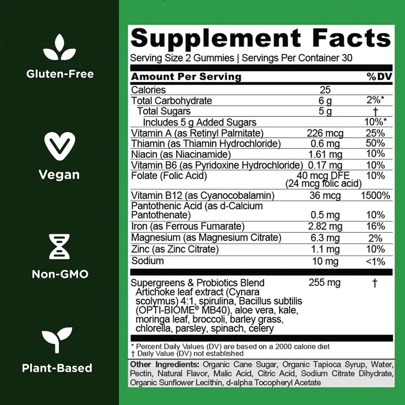 Greens Gummies Vitamins Multivitamin with Probiotics, Prebiotics, Gut Health Improve Immunity Antioxidants Vitamin C,D2,B12,B6