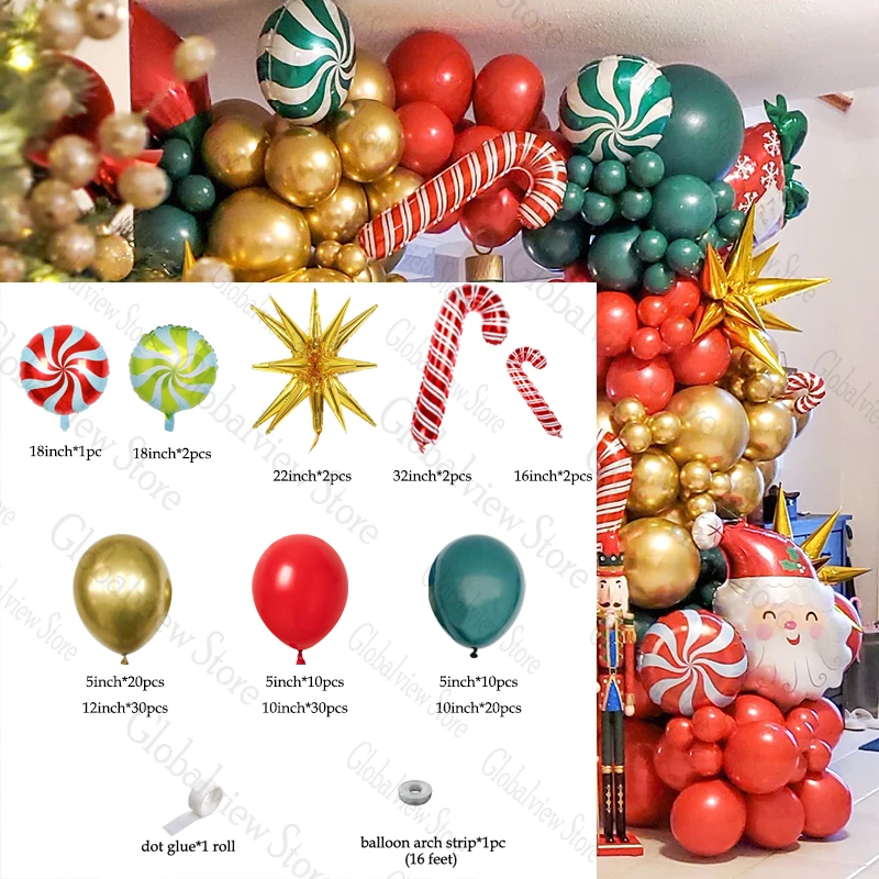 Red Green Xmas Party Balloon Arch Garland Christmas Balloons Decorations Candy Cane Lolipop Foil Globos Santa Helium Ballon