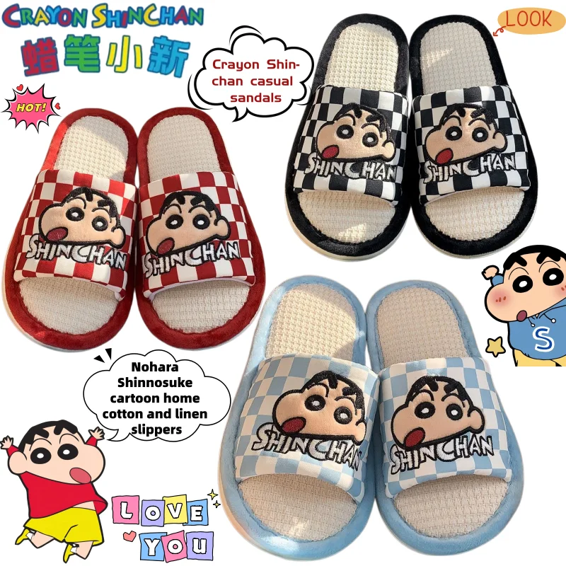 Pantuflas de algodón y lino con diseño de dibujos animados de Crayon Shin-chan Nohara Shinnosuke, sandalias creativas con animación bidimensional