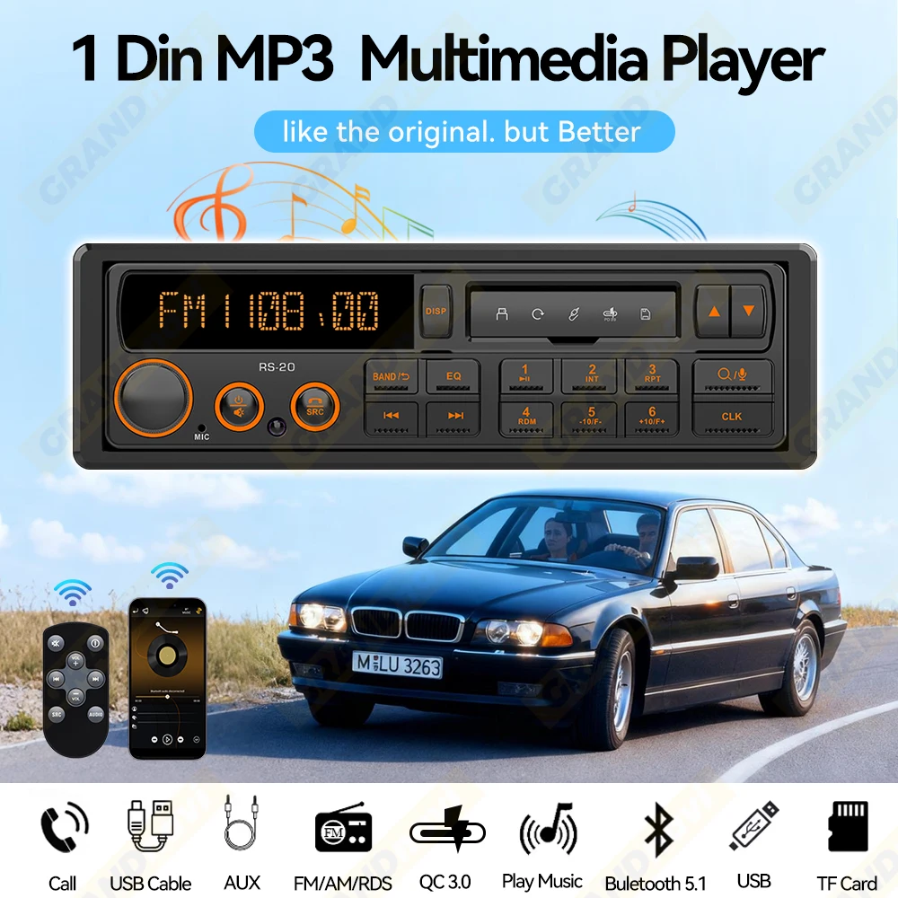 Retro Car Radio 1DIN Stereo FM AM RDS DAB Receiver EQ Bluetooth MP3 Audio Player USB AUX Input For VW Porsche Mercedes Benz BMW